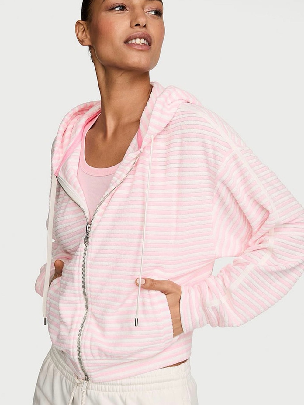 Pink Striped Hooded Zip-Up Victoria Secret Women's Top